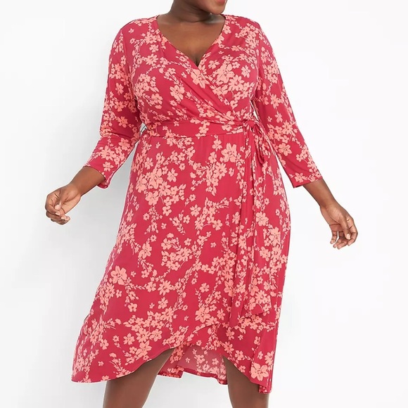 Lane Bryant Surplice Hi-Lo midi dress Red Floral Size 22 - Picture 1 of 10
